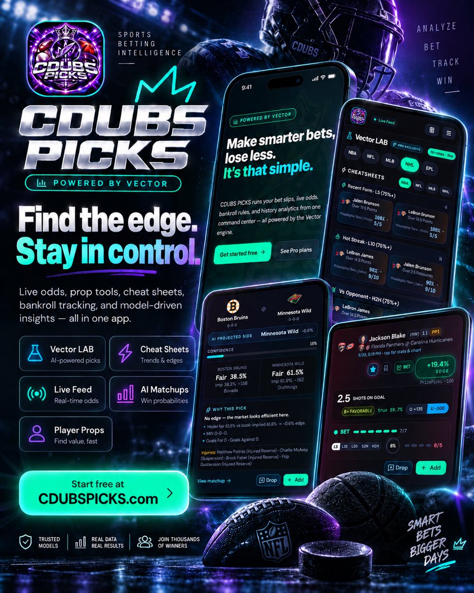 CDUBPICKSSPORTS's tweet photo. ⚡ THE BOOK HAS DATA.
NOW YOU DO TOO.

CDUBS PICKS was built to give bettors a better command center before the wager is placed.

Live odds. Prop research. Cheat sheets. Matchup analysis. Bankroll management. VECTOR intelligence.

One app.
One mission:
FIND THE EDGE. https://t.co/PgfXuPGYmU