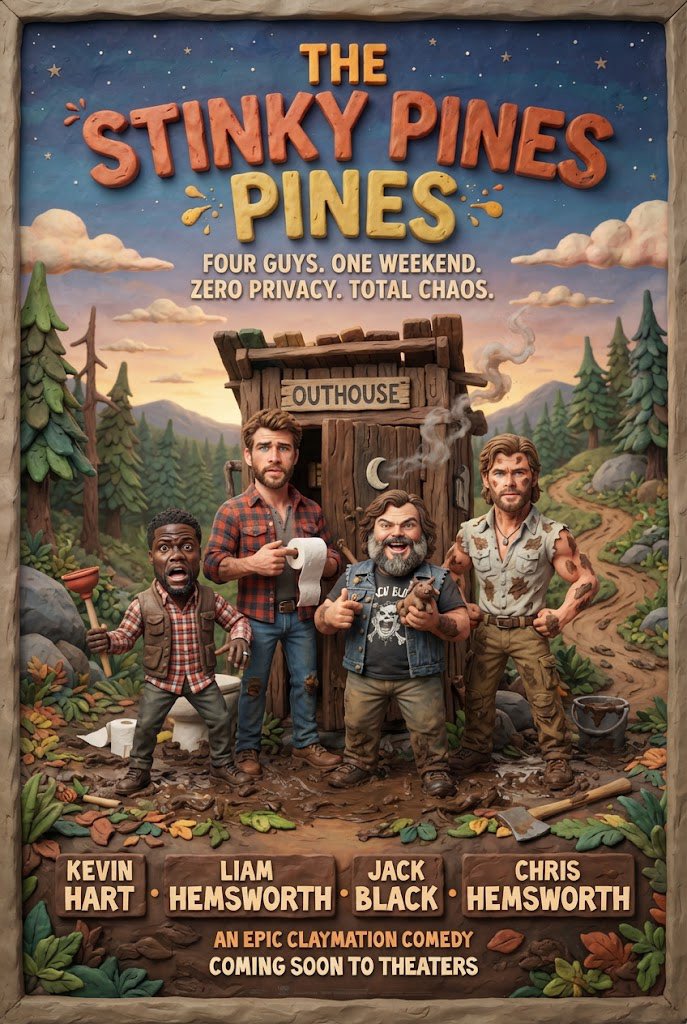 movierulez150's tweet photo. #Ai #AiArt #Concept #Poster #TheStinkyPines #KevinHart #JackBlack #LiamHemsworth #ChrisHemsworth #Outhouse #Stinky #Comedy #Nature #Claymation https://t.co/c3l8uxczoe