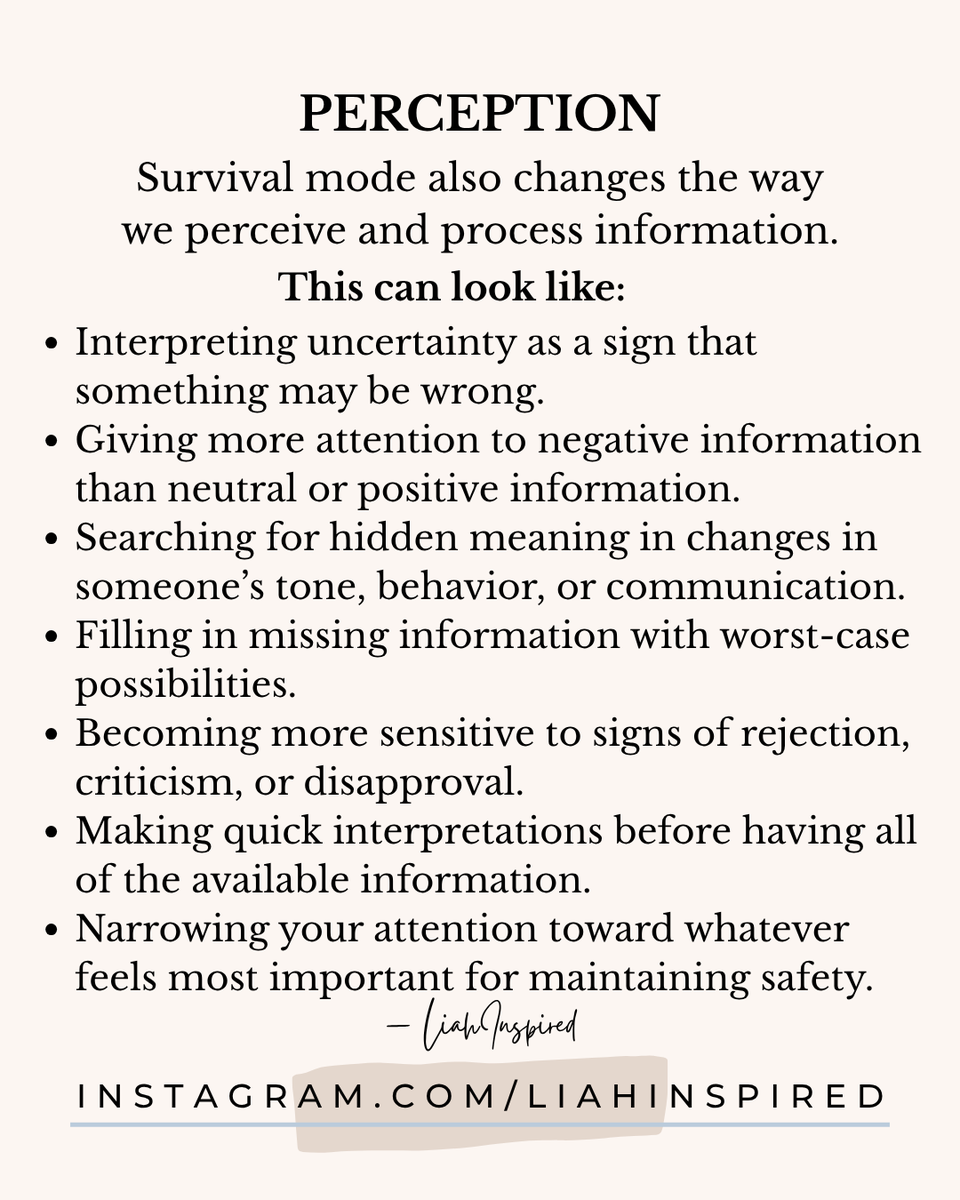 TheLiahInspired's tweet photo. ✨Perception
Survival mode also changes the way we perceive and process information.

This can look like:
• Interpreting uncertainty as a sign that something may be wrong.
• Giving more attention to negative information than neutral or positive information. https://t.co/ovp8bwL6RD