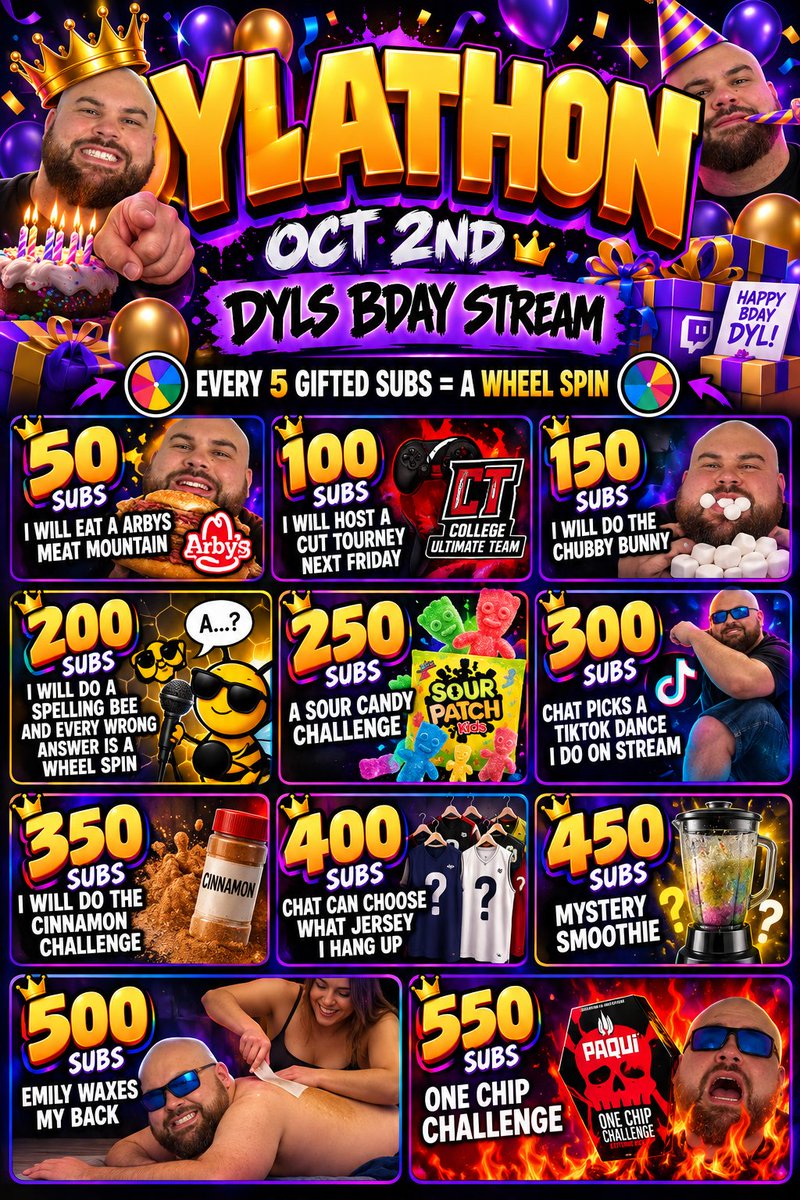 Dyl_TV's tweet photo. FIRST EVER DYLATHON FOR THE BDAY TOMORROW!!! WE WILL HAVE DROPS AND DOING SUB CHALLENGES ALL DAY! https://t.co/12cyFLa2sR https://t.co/n1lUgXdt7t