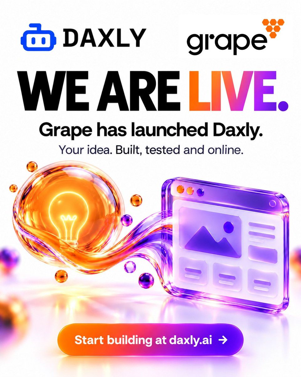 Grap3Inc's tweet photo. WE ARE LIVE.

Grape has launched Daxly.

Say what you want to build. It plans it, builds it, tests it, fixes its own mistakes and puts it online.

Apps, sites, games, smart contracts.

Start building: https://t.co/UuNVGu8Len

#Daxly #Grape #WeAreLive https://t.co/AJqEsd7Dsq