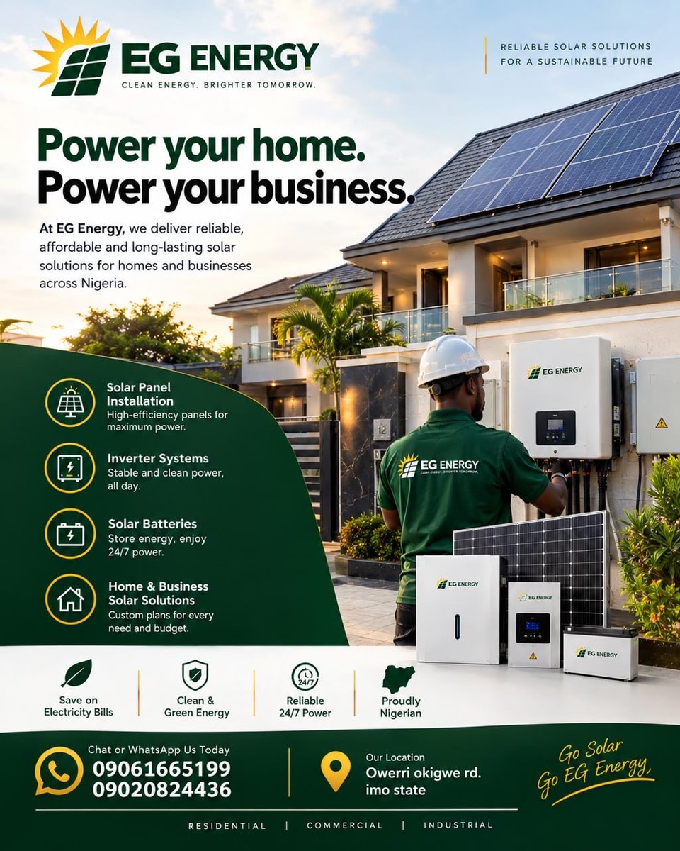 EG__energy's tweet photo. We deal on marketing, distribution & installation of solar power and its accessories.
#solarpower #solar #energy #solarpannel #sun #installation https://t.co/3SYZC4CT7M