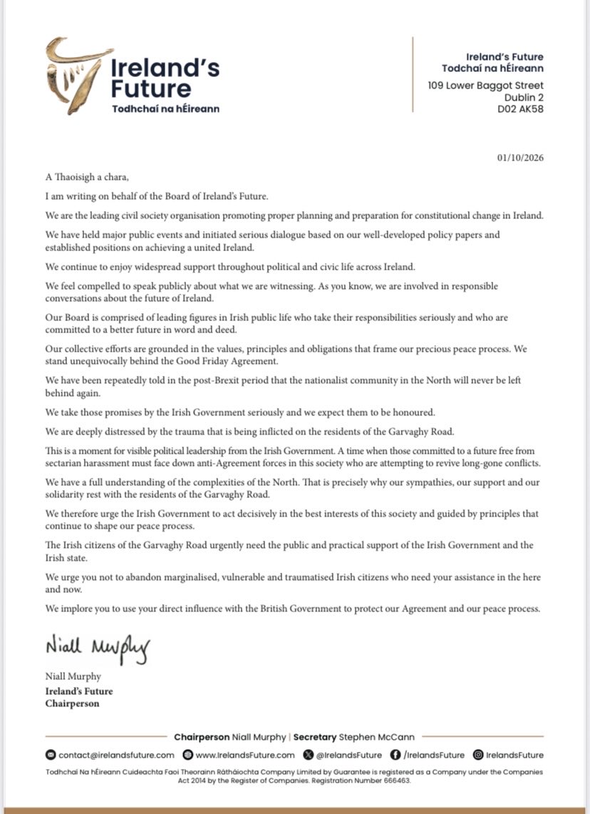 IrelandsFuture's tweet photo. ✍️ Letters sent to both Taoiseach and Tánaiste today 

🚨“We urge you not to abandon vulnerable &amp; traumatised Irish citizens who need your assistance”

🚨“We implore you to use your direct influence with the British Government, to protect our Agreement and our peace process” https://t.co/3YUslcK7ET