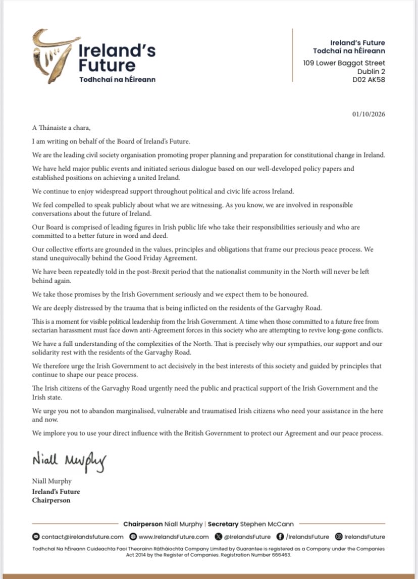 IrelandsFuture's tweet photo. ✍️ Letters sent to both Taoiseach and Tánaiste today 

🚨“We urge you not to abandon vulnerable &amp; traumatised Irish citizens who need your assistance”

🚨“We implore you to use your direct influence with the British Government, to protect our Agreement and our peace process” https://t.co/3YUslcK7ET