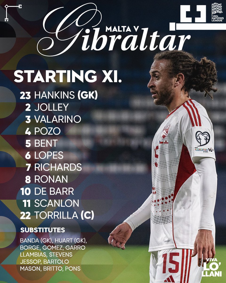 GibraltarFA's tweet photo. Locked in for Malta. 🇬🇮
Your Gibraltar Starting XI for tonight’s UEFA Nations League clash. ⚔️ https://t.co/plYMP5KMEu