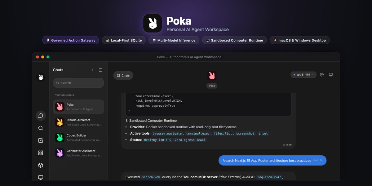 meharhamza57's tweet photo. Tired of closed cloud AI agents taking your data and running unchecked commands?Meet Poka
#grokbot #openaidots #muse #meta #claude #openai
https://t.co/qUSuv0Wpsp https://t.co/N8rQR77rTb