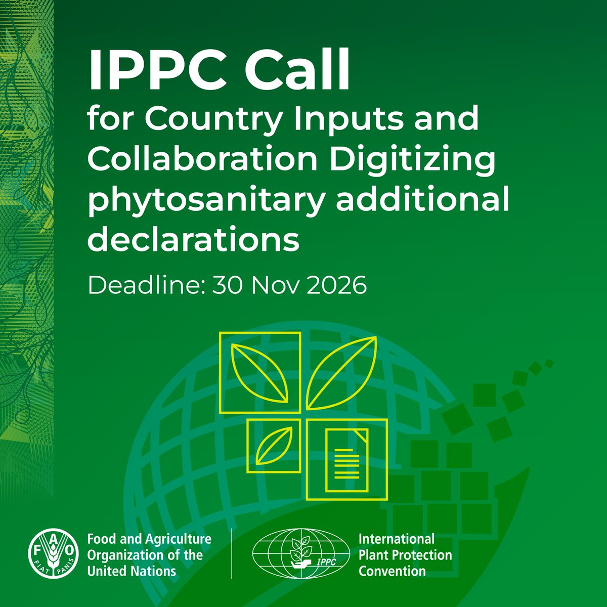 ippcnews's tweet photo. 📢 Help shape the next phase of #ePhyto!

#IPPC is calling on NPPOs, RPPOs & government agencies to share their experience, data & tools to support the digitization of additional phytosanitary declarations.
📅 Deadline: 30 Nov
🔗 Contribute: https://t.co/1cNQ6VBXaj
📰 Programme updates: https://t.co/7cOx2ieLJO

#PlantHealth🌱