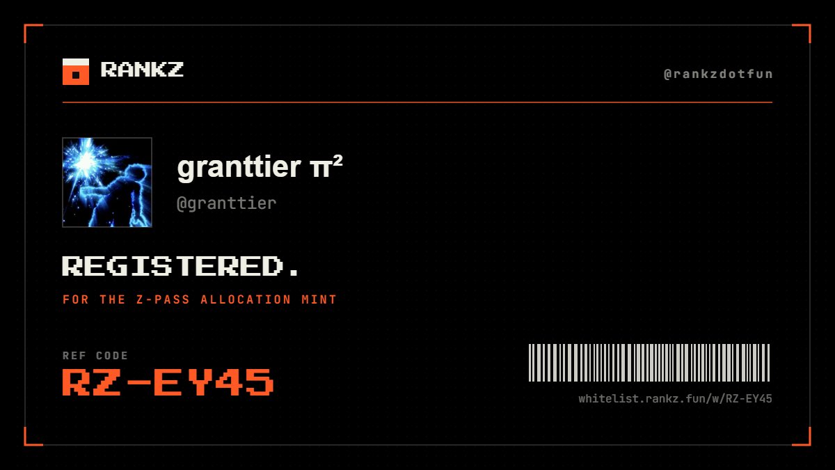 granttier's tweet photo. Registered for the free Z-Pass mint at @rankzdotfun.

My code: RZ-EY45
Use my link and we both get a ticket: https://t.co/S134njDNBo https://t.co/bNcgPGzzFI