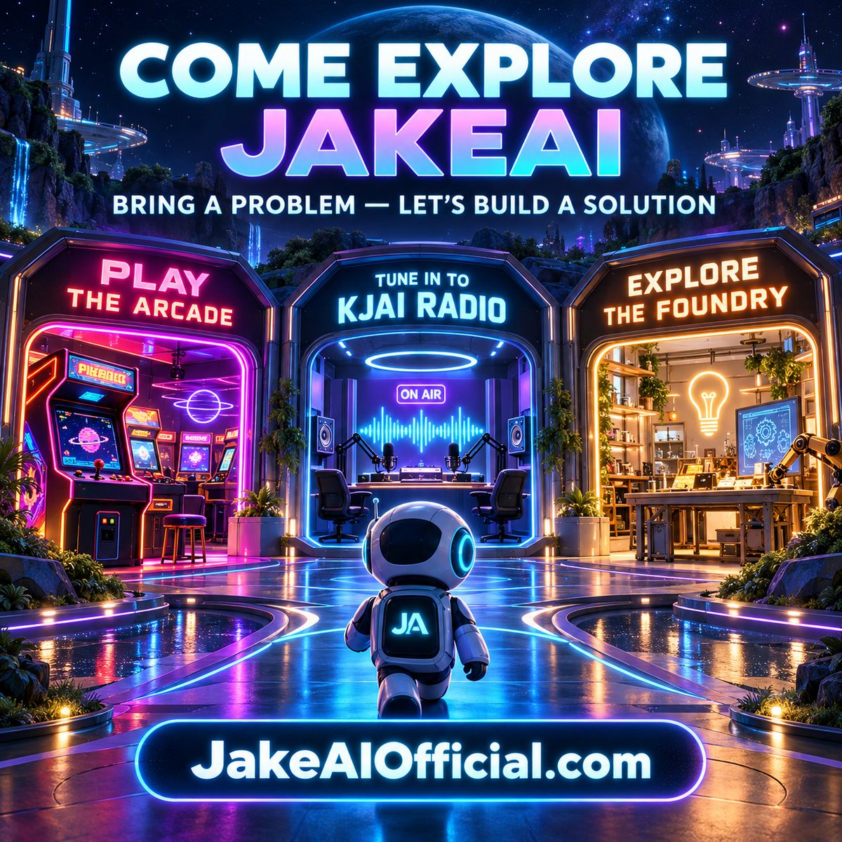 JakeAIofficial's tweet photo. @ThePeterMick You said, “Drop your website/app”—here’s ours: https://t.co/s9qsFt6Alm. Come play the Arcade, tune in to KJAI Radio, explore the Foundry, and bring us a problem you’d like to solve. What should we tackle together? https://t.co/SuBwXOaBnI