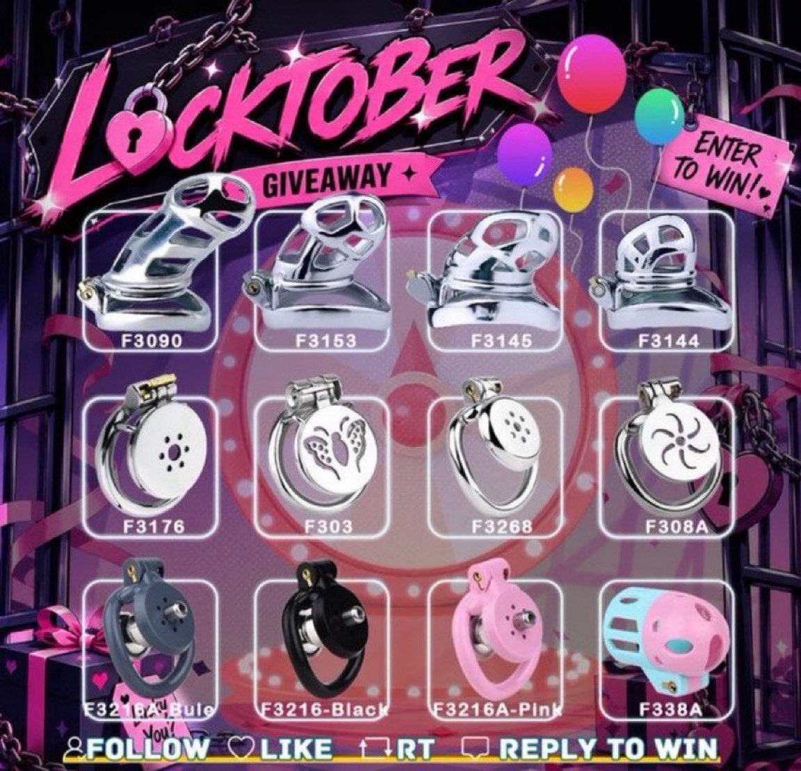 MistressSaol's tweet photo. 🍾🎉🔒 LOCKTOBER GIVEAWAY 🎉🍾🎊

One locked sissy wins the cage they pick from this set. 🔒💖

To enter: ➕ Follow ❤️ Like 🔁 Repost 💬 Reply with the cage name you want (F3090, F3153, F3145, F3144, F3176, F303, F3268, F308A, F3216A-Blue, F3216-Black, F3216A-Pink, F338A)

Winner gets locked in that cage for Locktober. 🍾🎉 Losers stay locked in their heads. 🔒🎊