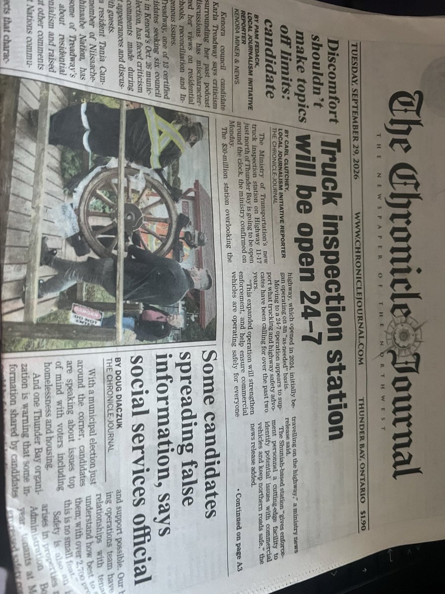 JonSThompson's tweet photo. Thunder Bay daily runs A1 above the fold a story about our social services agency decrying municipal election candidates for spreading misinformation.
An unrelated A1 above-the-fold story explores how residential school denier candidates are the real victims of uncivil discourse. https://t.co/O1bifAsbHJ