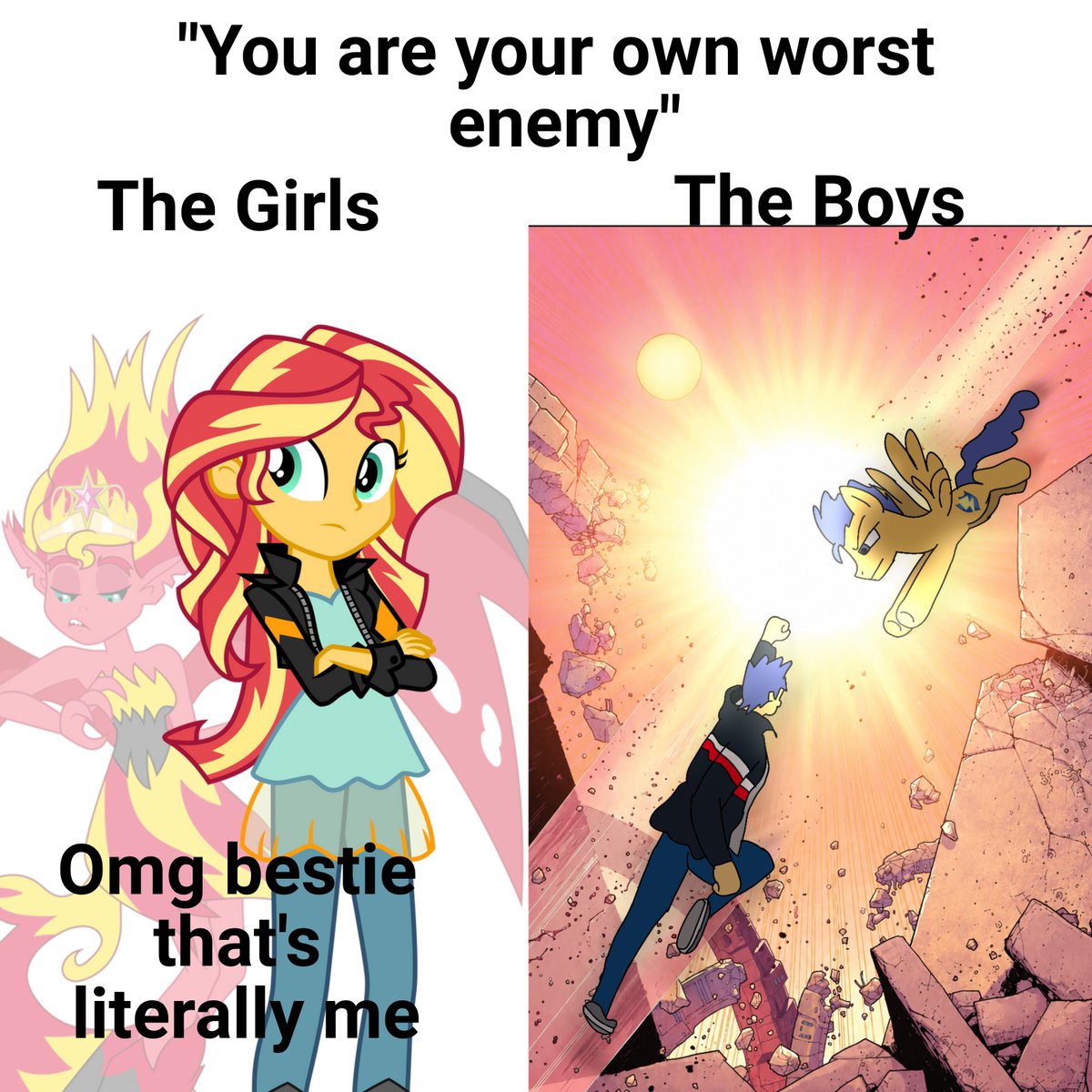 EliasEzequielM6's tweet photo. #sunsetshimmer y #scitwi : " se ponen a cantar una cancion sobre inconformidad y culpa"
el hijo de su pta madre de #flashsentry : only when i stop to thing about it. I HATE EVERYTHING ABOUT YOU🎶🎶 https://t.co/6P1wOdPMRu