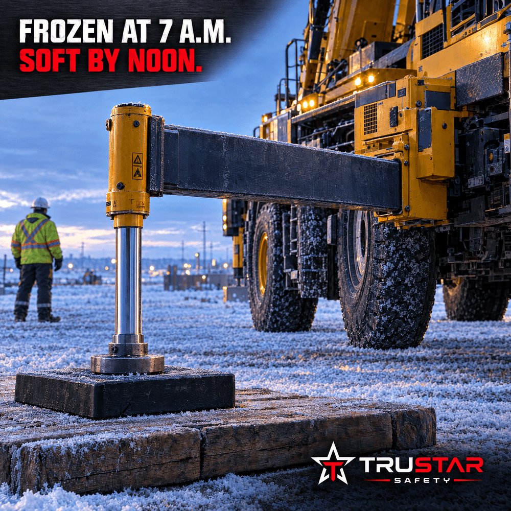 trustarsafety's tweet photo. Frozen ground held your crane at 7 a.m. Thawed ground might not at noon.

Thawing ground can look firmer than it is. Check the ground every setup, centre every float on its pad, recheck level when temps swing.

Lift planning built into your hazard assessment:

#CraneSafety #AlbertaSafety