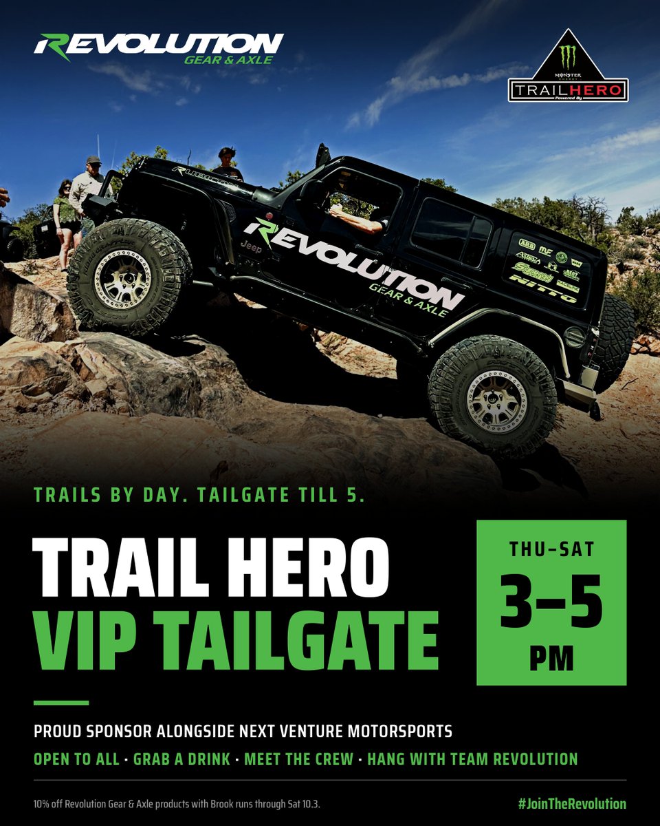 RevoGearandAxle's tweet photo. Trails by day. Tailgate till 5! 🍻

We're sponsoring the Trail Hero VIP Tailgate alongside Next Venture Motorsports.

Thursday through Saturday, 3 to 5PM. Grab a drink, swap trail stories, and hang with Team Revolution.

#JoinTheRevolution https://t.co/gQlmoDhxpP