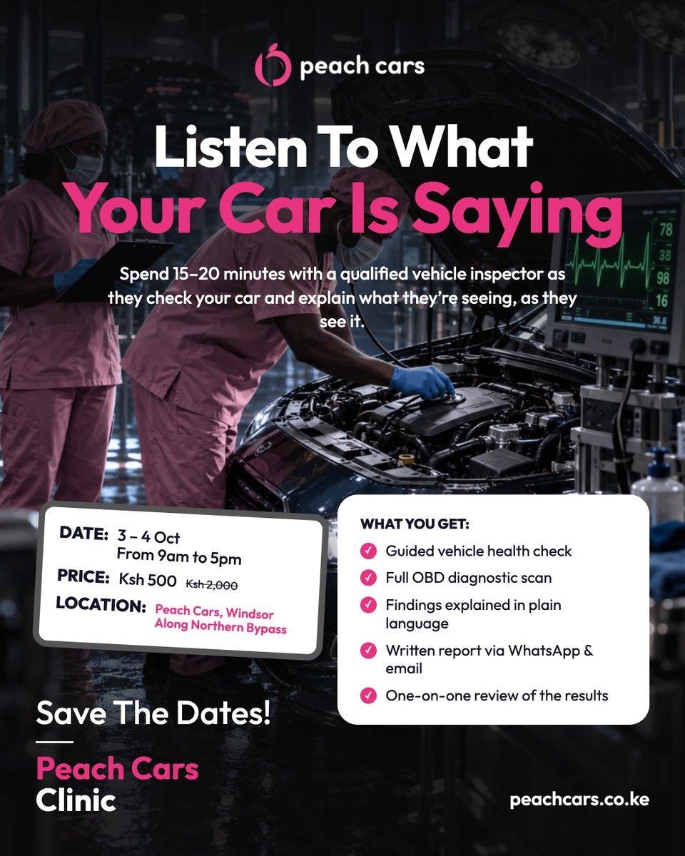 PeachCarsKE's tweet photo. For JUST Ksh 500, get a guided health check, OBD scan, report + a proper explanation of what’s going on.
📍 Peach Cars Windsor
📅 3–4 Oct | 9AM–5PM
#PeachCarsKe #CarInspection #CarClinic #PeachCarsClinic #Events #NairobiEvents https://t.co/lGa9PVzYqD