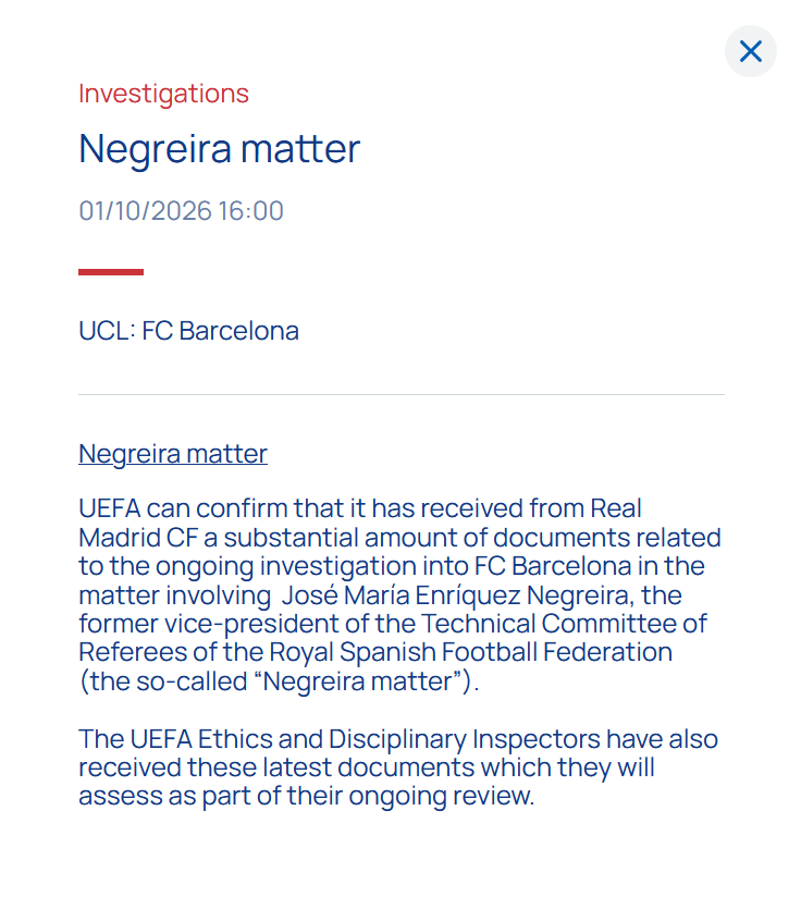 davidalvarez's tweet photo. La UEFA anuncia que ha recibido gran cantidad de documentos enviados por el Madrid sobre el caso Negreira.

La UEFA dice que los incorpora a la investigación que tenía en marcha.

El Madrid pide que "la investigación avance con la máxima celeridad hasta su completa conclusión". https://t.co/Qdz9PKuEeM