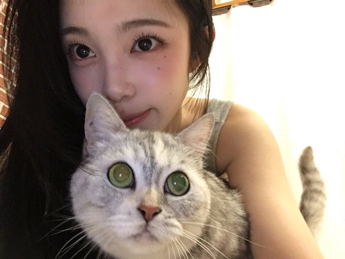 Selfie of a young woman holding a gray tabby cat with bright green eyes close to her face.