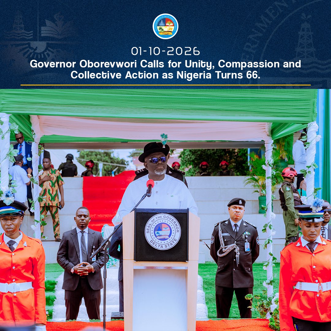 DSGovernment's tweet photo. Celebrating Nigeria’s 66th Independence Anniversary, Governor Sheriff Oborevwori has called for unity, compassion and collective responsibility in building a stronger and more prosperous nation.

Speaking at the Independence Anniversary celebration, Governor Oborevwori reflected on Nigeria’s 66-year journey, noting that despite its challenges, the resilience of its people and strength of its diversity remain sources of hope.

The Governor reaffirmed Delta State’s commitment to national development through the MORE Agenda, investing in infrastructure, healthcare and education, creating opportunities and sustaining peace across communities. He also stressed inclusive governance, empathy and mutual respect, urging Nigerians to reject division and embrace dialogue.

Governor Oborevwori congratulated President Bola Ahmed Tinubu, the Federal Government and Nigerians on the anniversary, while appreciating Deltans at home and abroad for their commitment to the State’s development. He further revealed that he had directed Julius Berger to look into the damage on the East-West Road caused by the recent natural disaster and determine how it could be addressed as soon as possible.