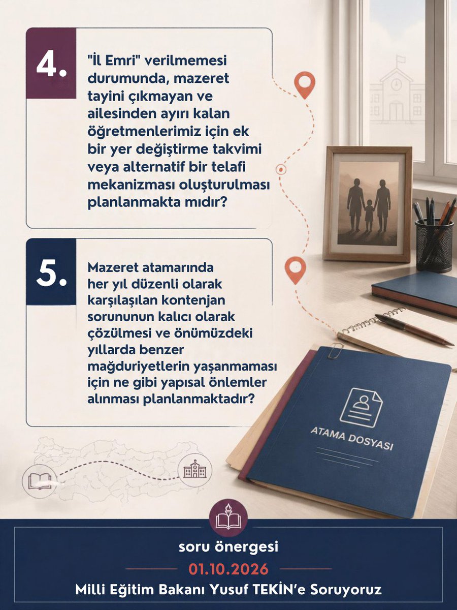 PerihanKoca's tweet photo. 📌Öğretmenlerin mazeret atamalarındaki mağduriyeti TBMM gündemine taşıdım

Yaz döneminde gerçekleştirilen öğretmenlerin mazerete bağlı yer değiştirme (eş, sağlık, can güvenliği vb.) atama sonuçlarına göre, birçok öğretmenimiz kontenjan yetersizliği nedeniyle tayin hakkı elde edememiş ve ailelerinden ayrı kalmak zorunda bırakılmıştır.

Anayasa 41. maddesi ile ailenin bütünlüğünü güvence altına almışken, ataması yapılamayan öğretmenlerimiz eşlerinden ve çocuklarından kilometrelerce uzakta görev yapmaya mecbur bırakılmaktadır.

Mağdur öğretmenler ve aileleri Cumhurbaşkanı’na ve Bakanlığınıza “İl Emri” taleplerini içeren mektuplar gönderdikleri, çocukların kendi çizdikleri resimleri Bakanlığa ulaştırdıkları ve ağaç bağışı gibi çeşitli sosyal kampanyalar düzenledikleri görülmektedir.

Öğretmenlerimizin yaşadığı bu psikolojik ve fiziksel mağduriyetlerin bir an önce giderilmesi, eğitim sistemimizin verimliliği ve anayasal hakların tesisi açısından elzemdir.

🔗SORUYORUZ:

1.  2026 yaz döneminde yapılan mazeret atamalarında, Türkiye genelinde tüm şartları taşıyıp başvuruda bulunmasına rağmen kontenjan yetersizliği nedeniyle ataması gerçekleşmeyen öğretmen sayısı kaçtır?
2. ​Aile bütünlüğü parçalanan öğretmenlerimizin mağduriyetini gidermek adına geçmiş yıllarda uygulanan “İl veya İlçe Emri” uygulamasının bu atama döneminde de hayata geçirilmesine yönelik Bakanlığınız nezdinde yürütülen bir çalışma bulunmakta mıdır?
3. ​Kontenjan yetersizliği gerekçesiyle eşinden ve çocuklarından ayrı kalmak zorunda bırakılan öğretmenlerimiz açısından, Anayasanın 41. maddesi ile güvence altına alınan ailenin korunması ilkesinin ihlal edildiği gerçeği karşısında Bakanlığınızın tutumu nedir?
4. ​“İl Emri” verilmemesi durumunda, mazeret tayini çıkmayan ve ailesinden ayrı kalan öğretmenlerimiz için ek bir yer değiştirme takvimi veya alternatif bir telafi mekanizması oluşturulması planlanmakta mıdır?
5. ​Mazeret atamalarında her yıl düzenli olarak karşılaşılan kontenjan sorununun kalıcı olarak çözülmesi ve önümüzdeki yıllarda benzer mağduriyetlerin yaşanmaması için ne gibi yapısal önlemler alınması planlanmaktadır?

#öğretmen #mazeretatamaları #ilemri