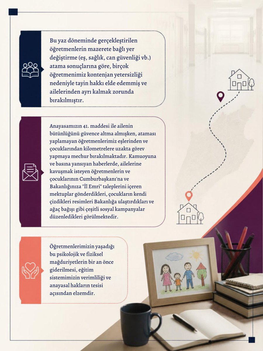 PerihanKoca's tweet photo. 📌Öğretmenlerin mazeret atamalarındaki mağduriyeti TBMM gündemine taşıdım

Yaz döneminde gerçekleştirilen öğretmenlerin mazerete bağlı yer değiştirme (eş, sağlık, can güvenliği vb.) atama sonuçlarına göre, birçok öğretmenimiz kontenjan yetersizliği nedeniyle tayin hakkı elde edememiş ve ailelerinden ayrı kalmak zorunda bırakılmıştır.

Anayasa 41. maddesi ile ailenin bütünlüğünü güvence altına almışken, ataması yapılamayan öğretmenlerimiz eşlerinden ve çocuklarından kilometrelerce uzakta görev yapmaya mecbur bırakılmaktadır.

Mağdur öğretmenler ve aileleri Cumhurbaşkanı’na ve Bakanlığınıza “İl Emri” taleplerini içeren mektuplar gönderdikleri, çocukların kendi çizdikleri resimleri Bakanlığa ulaştırdıkları ve ağaç bağışı gibi çeşitli sosyal kampanyalar düzenledikleri görülmektedir.

Öğretmenlerimizin yaşadığı bu psikolojik ve fiziksel mağduriyetlerin bir an önce giderilmesi, eğitim sistemimizin verimliliği ve anayasal hakların tesisi açısından elzemdir.

🔗SORUYORUZ:

1.  2026 yaz döneminde yapılan mazeret atamalarında, Türkiye genelinde tüm şartları taşıyıp başvuruda bulunmasına rağmen kontenjan yetersizliği nedeniyle ataması gerçekleşmeyen öğretmen sayısı kaçtır?
2. ​Aile bütünlüğü parçalanan öğretmenlerimizin mağduriyetini gidermek adına geçmiş yıllarda uygulanan “İl veya İlçe Emri” uygulamasının bu atama döneminde de hayata geçirilmesine yönelik Bakanlığınız nezdinde yürütülen bir çalışma bulunmakta mıdır?
3. ​Kontenjan yetersizliği gerekçesiyle eşinden ve çocuklarından ayrı kalmak zorunda bırakılan öğretmenlerimiz açısından, Anayasanın 41. maddesi ile güvence altına alınan ailenin korunması ilkesinin ihlal edildiği gerçeği karşısında Bakanlığınızın tutumu nedir?
4. ​“İl Emri” verilmemesi durumunda, mazeret tayini çıkmayan ve ailesinden ayrı kalan öğretmenlerimiz için ek bir yer değiştirme takvimi veya alternatif bir telafi mekanizması oluşturulması planlanmakta mıdır?
5. ​Mazeret atamalarında her yıl düzenli olarak karşılaşılan kontenjan sorununun kalıcı olarak çözülmesi ve önümüzdeki yıllarda benzer mağduriyetlerin yaşanmaması için ne gibi yapısal önlemler alınması planlanmaktadır?

#öğretmen #mazeretatamaları #ilemri