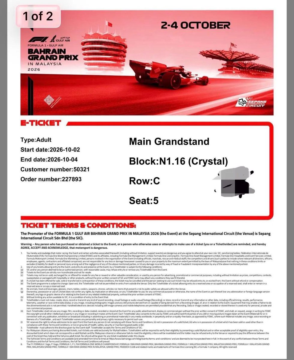 nurmuhammad71's tweet photo. WTS
 F1 SEPANG TICKETS 🏁🇲🇾

I have a few extra tickets available:

• Main Grandstand 
•  G Hill Stand
• K1 Grandstand

DM me if interested!
Price nego 
Trusted ya ✅️ 

#F1Sepang #MalaysiaGP #F1inMalaysia https://t.co/6XnVxp32km