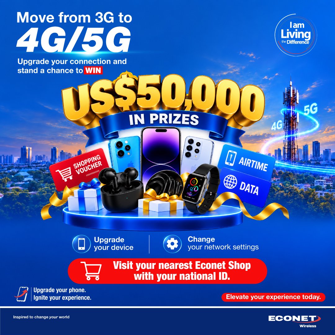 ChronicleZim's tweet photo. US$50,000 in prizes could be waiting for you

Move from 3G to 4G/5G, upgrade your connection, and stand a
chance to win exciting prizes.

Visit your nearest Econet Shop or shop online visit
https://t.co/Iy2zY6p2jO

Ts &amp; Cs apply.

#UpgradeTo5G #IgniteYourExperience #Econet https://t.co/O2JDml7Vxu