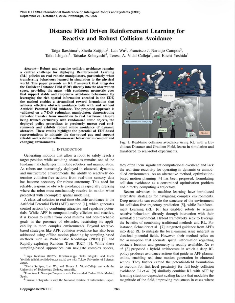 uc3mRoboticsLab's tweet photo. Our IROS2026 paper “Distance Field Driven Reinforcement Learning for Reactive and Robust Collision Avoidance” by Fran Naranjo et al. https://t.co/cqYeQwN77A