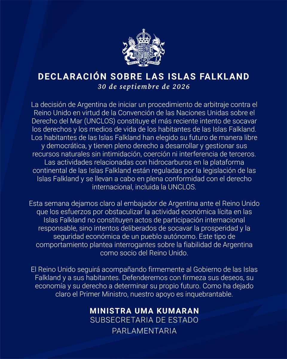 UKinChile's tweet photo. Las Islas Falkland son un territorio británico de Ultramar. Siempre defenderemos el derecho de los habitantes de las Islas a la autodeterminación.
Lee aquí la respuesta del Reino Unido al más reciente intento de Argentina de socavar los derechos de los habitantes de las Falkland. https://t.co/xpnMcfBTnj