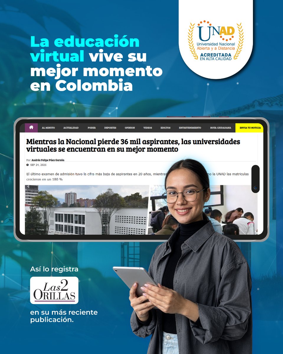 UniversidadUNAD's tweet photo. 🚀 Las matrículas de la UNAD crecieron 180 % en los últimos años. Así lo registra Las2orillas.

Mientras la educación presencial pierde aspirantes, cada vez más personas eligen estudiar en universidades virtuales y a distancia. La UNAD es hoy la universidad pública con mayor número de estudiantes en Colombia y figura entre las 20 megauniversidades del mundo, siendo la única pública de este listado en el país.