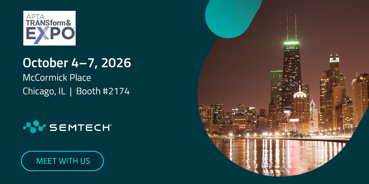 SemtechCorp's tweet photo. APTA TRANSform & EXPO is next week. Are you ready? Semtech will be at Booth 2174, Oct 4-7 in Chicago, talking transit connectivity with our AirLink team, from onboard Wi-Fi and CAD/AVL to real-time fleet telemetry. Come find us. #Semtech #APTA2026 #TransitTech #AirLink https://t.co/Yk2KcmVKL1