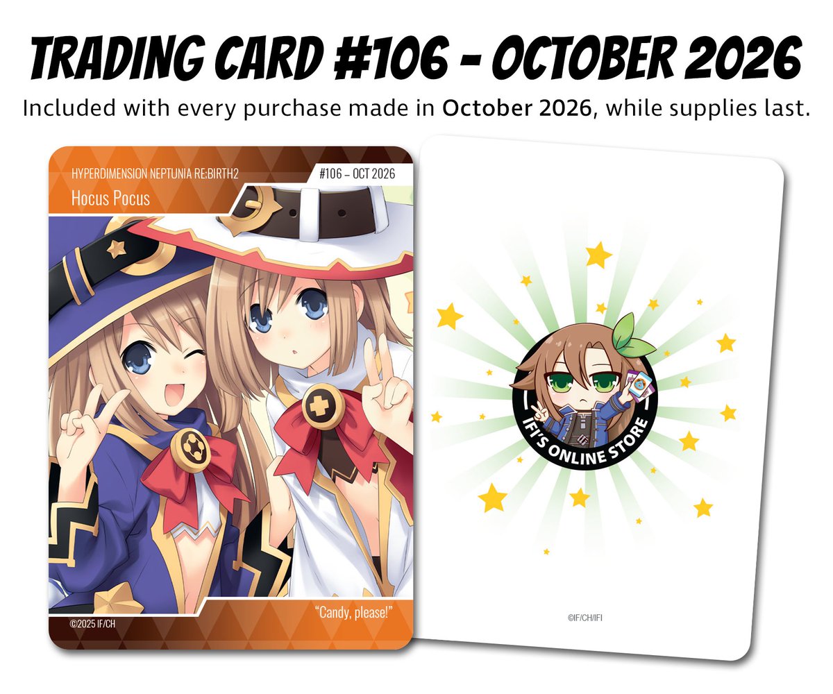 IdeaFactoryIntl's tweet photo. Spooky month is HERE! 👻 Happy October!

All orders placed on the IFI Online Store during October will receive trading card #106—featuring Ram and Rom from Hyperdimension Neptunia re;Birth2!

What's your go-to Halloween treat? 👀 https://t.co/srZngjMVx9