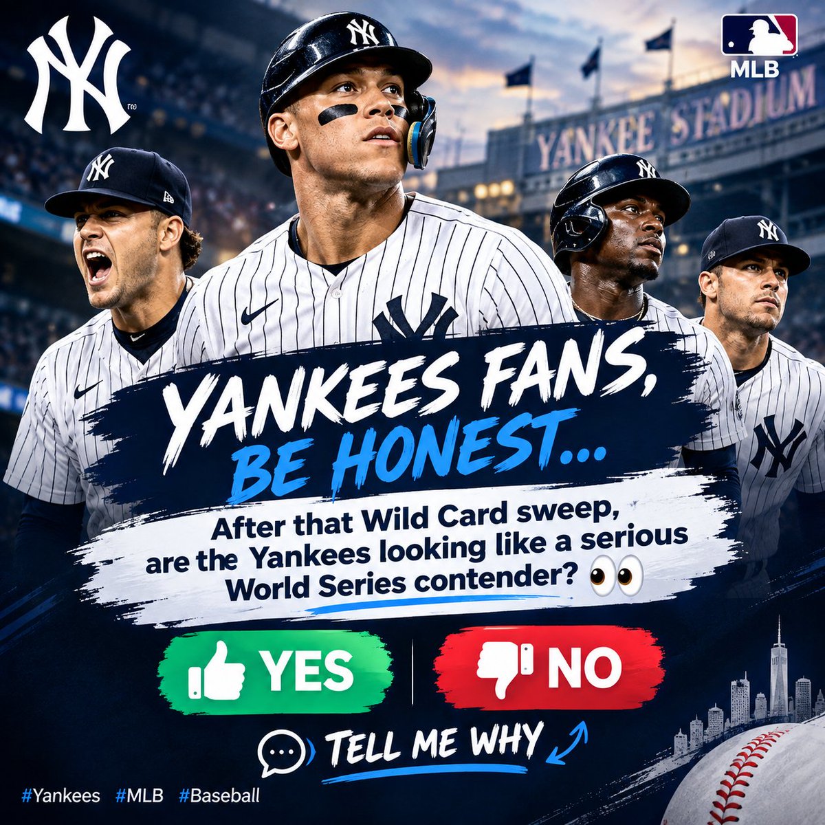 nomtessar's tweet photo. After that Wild Card sweep, are the Yankees looking like a serious World Series contender? 👀⚾
YES or NO — tell me why 👇
#Yankees #MLB #Baseball https://t.co/AHARiNeuzz