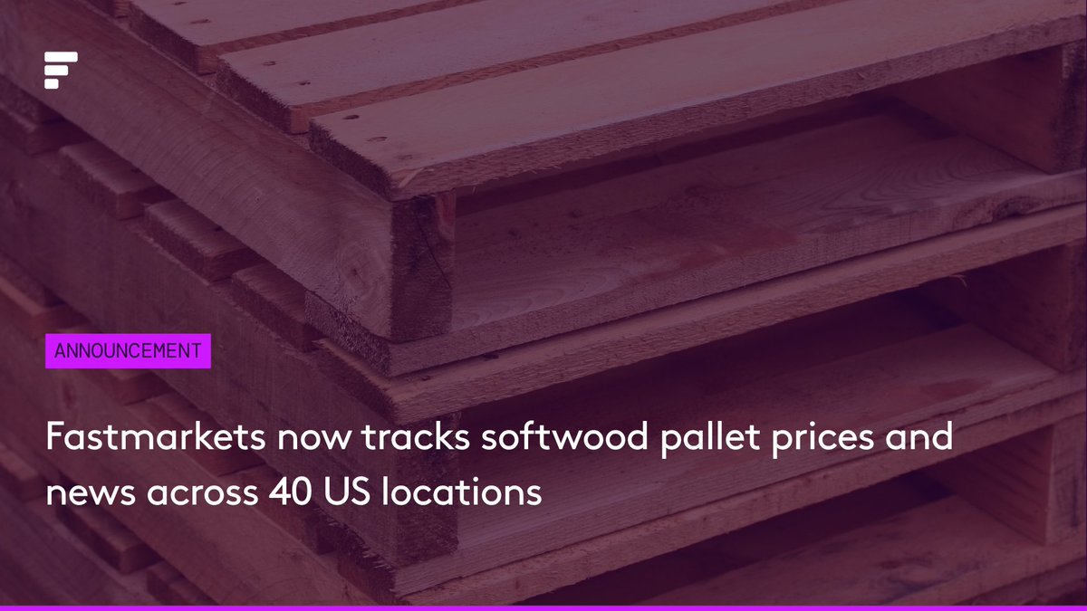Fastmarkets's tweet photo. 📦 Fastmarkets expands US wood pallet price coverage to 40 locations.

Track regional pricing for new and recycled pallets as lumber costs, freight, tariffs and local supply conditions shift across the US.

Explore more: https://t.co/XmQCPuvDED

#WoodPallets #Pallets #Lumber https://t.co/sJmy2jaJ2i
