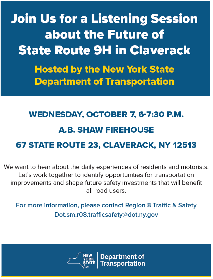 NYSDOTHV's tweet photo. On October 7, @NYSDOT will host a Listening Session to hear about the daily experiences of residents and motorists, who utilize State Route 9H in Claverack, Columbia County.
Join us at the A.B. Shaw Firehouse on Oct 7 from 6-7:30p.m. https://t.co/mDR6Vjp3dl