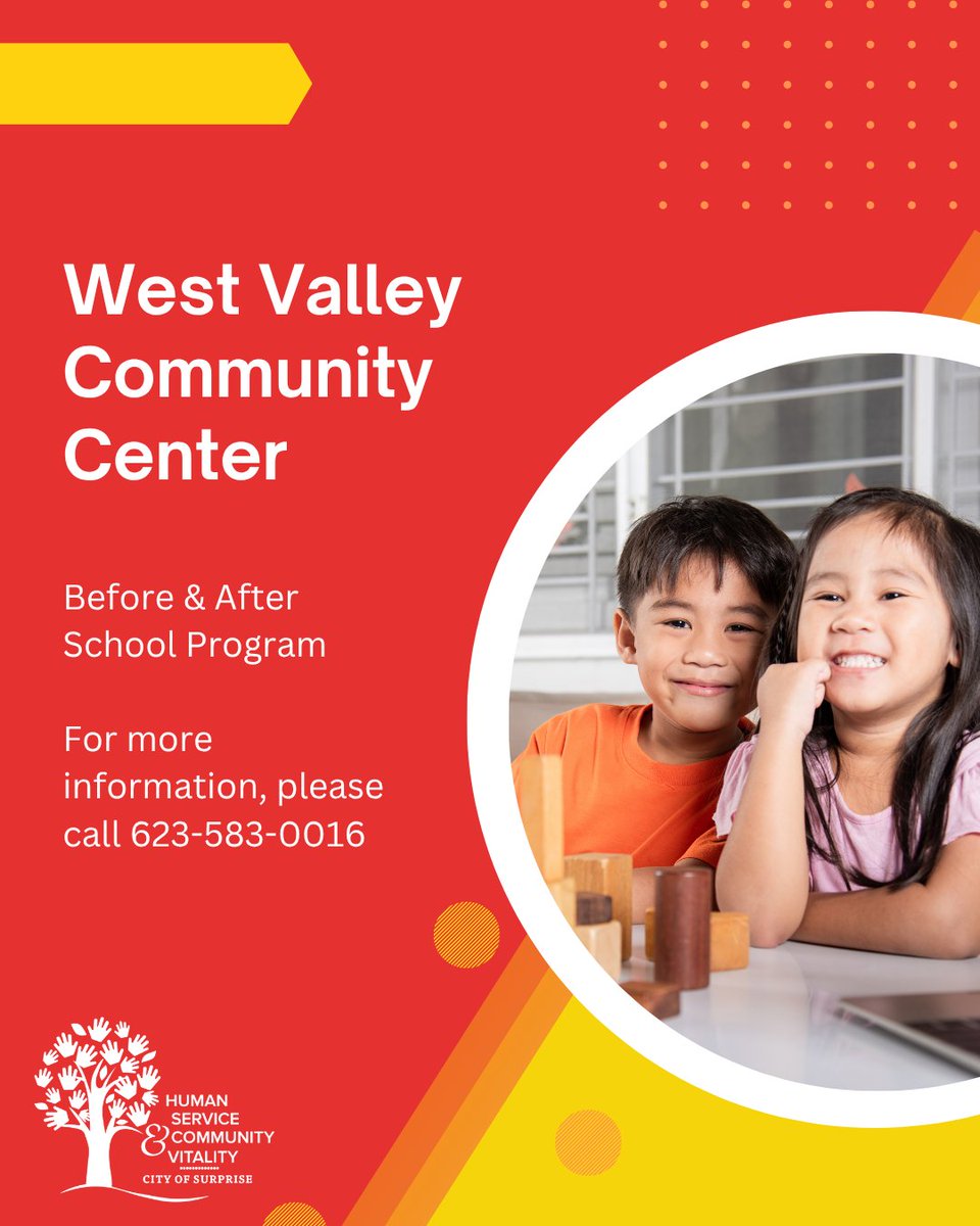 SurpriseCares's tweet photo. The City of Surprise is expanding its partnership with WVCC to offer one of the Valley's most affordable before and after school programs! Transportation is available for 3 Dysart schools, and full &amp; partial scholarships are available. Learn more: https://t.co/GDTf9mJpHm https://t.co/ClBgLv8Czs