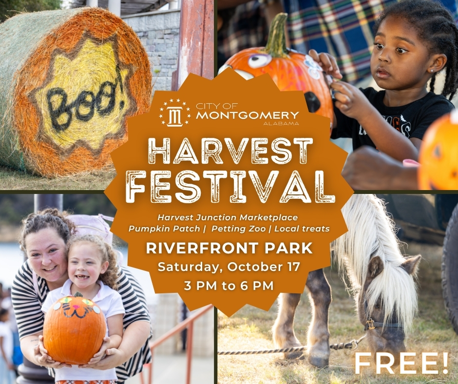 CityofMGM's tweet photo. The City of Montgomery is hosting the 2026 Harvest Festival on Saturday, October 17 at Riverfront Park - and everyone’s invited!

Expect kids’ pumpkin decorating, food trucks, face painting, local vendors, upbeat music, and a friendly decoration competition between city departments.

Perfect for families, neighbors, and anyone who loves fall fun. Hope to see you there!