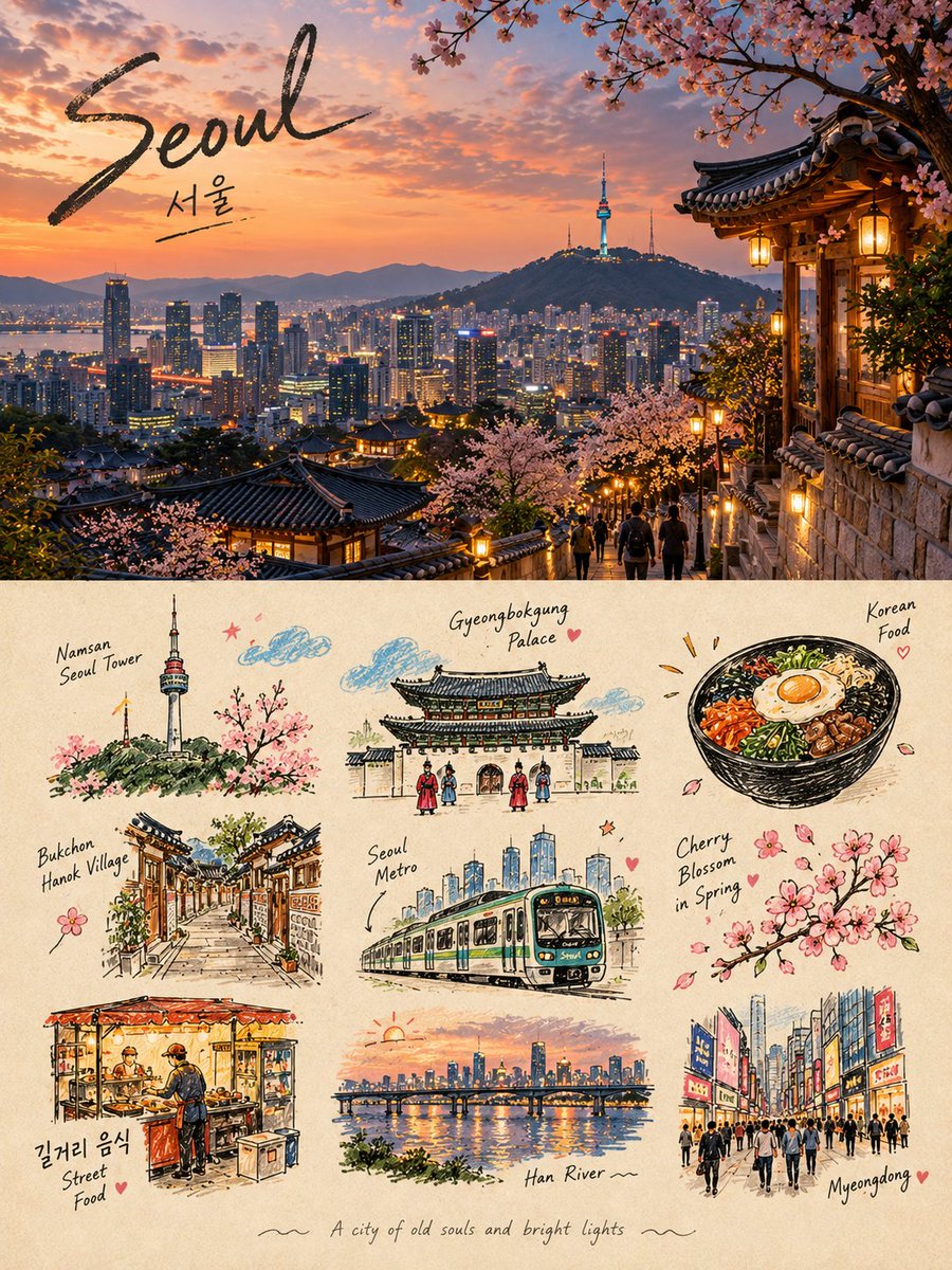 Goodmanprotocol's tweet photo. GPT Image 2.5

Prompt:
Create a premium 3:4 vertical editorial memory poster for [COUNTRY / CITY / LOCATION / SUBJECT].

TEXT-TO-IMAGE ONLY — generate the entire artwork creatively from [COUNTRY / CITY / LOCATION / SUBJECT] alone. No reference image required.

CORE CONCEPT
Create a sophisticated visual diary that combines one realistic destination scene with a playful 3×3 collection of illustrated memory fragments. The artwork should feel like a private travel handbook, independent art publication, or collectible visual diary.

UPPER HALF
Fill the entire upper 50% with a cinematic, highly realistic scene representing [COUNTRY / CITY / LOCATION / SUBJECT]. Automatically select the most recognizable subject, environment, architecture, landscape, people, objects, lighting, and atmosphere associated with the location.

Keep the scene natural and authentic, with refined editorial color grading, realistic textures, natural light, subtle film character, and strong photographic composition.

LOWER HALF
Use the lower 50% as a warm paper-based illustrated memory board. Extract the most recognizable visual ideas associated with the upper scene and reinterpret them as 9 simplified graphic memory units.

Include a mixture of:
• the main subject or silhouette
• local landmarks or architectural details
• transportation
• food or objects
• plants or nature
• gestures or human actions
• cultural details
• small environmental elements
• emotional or symbolic details

3×3 MEMORY GRID
Arrange the nine elements using a loose hidden 3×3 grid. The grid should guide the composition without appearing as a rigid table.

Allow each illustration to vary slightly in size, position, angle, and spacing. Keep the arrangement organic, playful, balanced, and intentionally imperfect.

ILLUSTRATION STYLE
Use Naïve Hand-drawn Doodle Illustration with simple slightly awkward forms, trembling outlines, uneven line weight, partially open contours, rough edges, and visible handmade imperfections.

Combine thin black ink lines with colored pencil and crayon textures, small flat color blocks, scattered pigment particles, visible paper grain, white gaps, and unfinished coloring.

Do not realistically redraw the upper scene. Compress its visual information into simple memorable symbols.

TYPOGRAPHY
Add one small handwritten title inspired by [COUNTRY / CITY / LOCATION / SUBJECT] near the top of the composition. Add a tiny handwritten caption near the bottom.

Small decorative elements such as loose wave lines, stars, dots, arrows, or tiny symbols may appear sparingly around the illustrations.

PAPER & COMPOSITION
Use a warm off-white paper background with subtle physical grain and generous negative space. If any grid indication is visible, make it extremely faint and pencil-like, as though lightly sketched during the design process.

FINAL AESTHETIC
Realistic travel photography × naïve doodle illustration × 3×3 memory collection × colored-pencil texture × private travel journal × contemporary independent editorial design.

Keep the result loose, cute, restrained, tactile, and highly curated rather than crowded.

Avoid rigid grids, realistic lower-half illustrations, photo duplication, excessive detail, polished vector graphics, glossy digital art, heavy shadows, gradients, clutter, excessive typography, logos, watermarks, or UI elements.

FORMAT: 3:4 vertical, exact 50/50 upper photographic scene and lower illustrated memory collection.