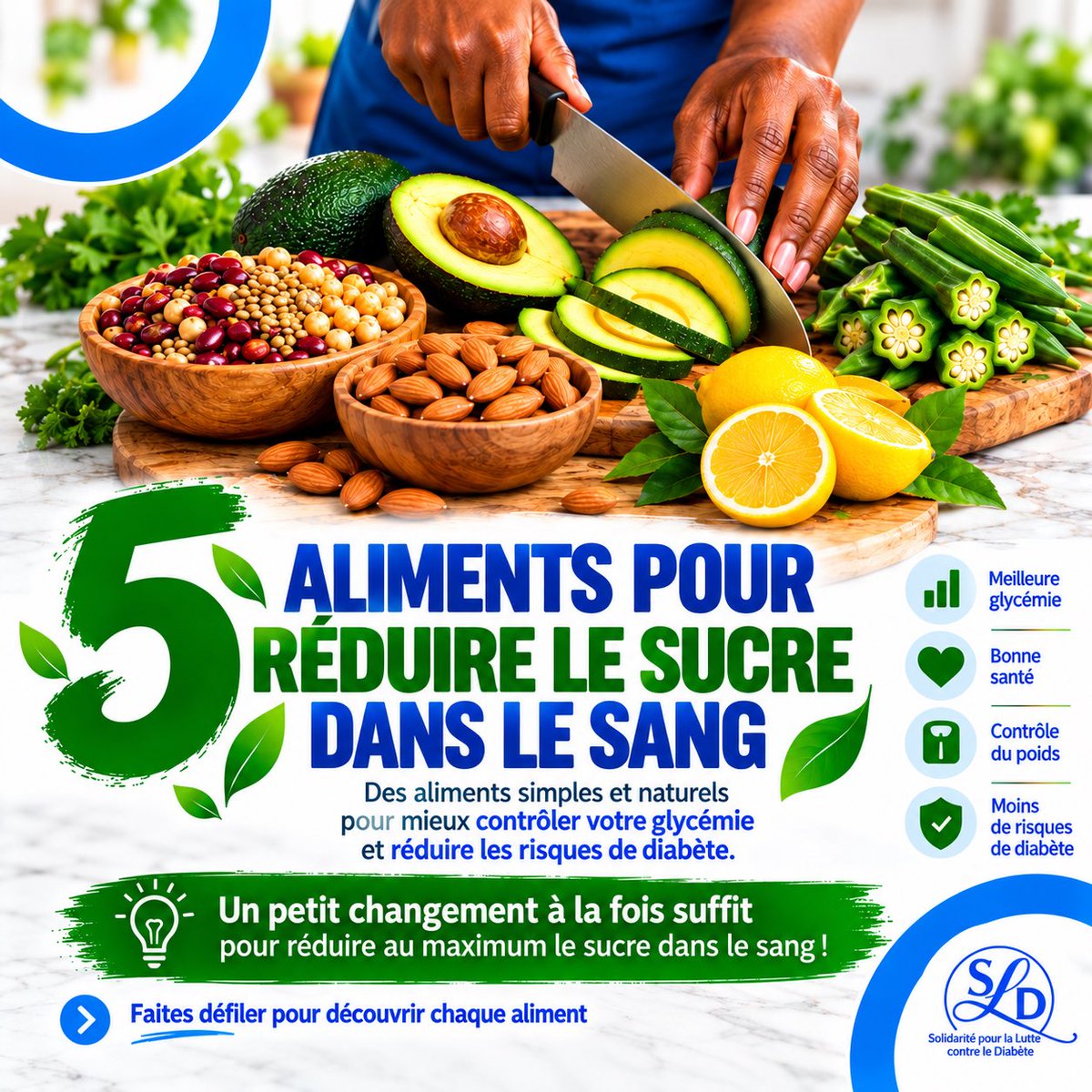 SLDrdc's tweet photo. 5 #aliments pour réduire le sucre dans le #sang
1. #Avocat : fibres et #bonsgras
2. #Gombo : fibres solubles, régule la glycémie
3. #Légumineuses :(#haricots, #lentilles), index glycémique bas
4. #Amandes : freinent l'absorption du #sucre
5. #Citron : limite les pics de #glycémie https://t.co/4wpbnG7y8i