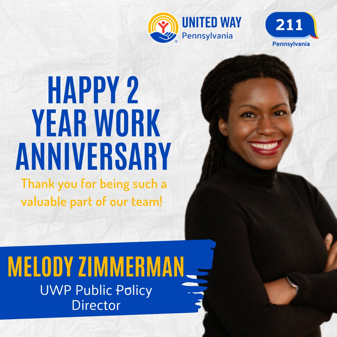 PA211GetHelp's tweet photo. Join us in wishing Melody Zimmerman, UWP Public Policy Director, a very happy 2-year work anniversary! Thank you for all that you do for UWP and PA 211! https://t.co/1cTDfO2XTV