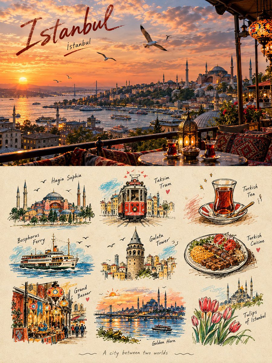 Goodmanprotocol's tweet photo. GPT Image 2.5

Prompt:
Create a premium 3:4 vertical editorial memory poster for [COUNTRY / CITY / LOCATION / SUBJECT].

TEXT-TO-IMAGE ONLY — generate the entire artwork creatively from [COUNTRY / CITY / LOCATION / SUBJECT] alone. No reference image required.

CORE CONCEPT
Create a sophisticated visual diary that combines one realistic destination scene with a playful 3×3 collection of illustrated memory fragments. The artwork should feel like a private travel handbook, independent art publication, or collectible visual diary.

UPPER HALF
Fill the entire upper 50% with a cinematic, highly realistic scene representing [COUNTRY / CITY / LOCATION / SUBJECT]. Automatically select the most recognizable subject, environment, architecture, landscape, people, objects, lighting, and atmosphere associated with the location.

Keep the scene natural and authentic, with refined editorial color grading, realistic textures, natural light, subtle film character, and strong photographic composition.

LOWER HALF
Use the lower 50% as a warm paper-based illustrated memory board. Extract the most recognizable visual ideas associated with the upper scene and reinterpret them as 9 simplified graphic memory units.

Include a mixture of:
• the main subject or silhouette
• local landmarks or architectural details
• transportation
• food or objects
• plants or nature
• gestures or human actions
• cultural details
• small environmental elements
• emotional or symbolic details

3×3 MEMORY GRID
Arrange the nine elements using a loose hidden 3×3 grid. The grid should guide the composition without appearing as a rigid table.

Allow each illustration to vary slightly in size, position, angle, and spacing. Keep the arrangement organic, playful, balanced, and intentionally imperfect.

ILLUSTRATION STYLE
Use Naïve Hand-drawn Doodle Illustration with simple slightly awkward forms, trembling outlines, uneven line weight, partially open contours, rough edges, and visible handmade imperfections.

Combine thin black ink lines with colored pencil and crayon textures, small flat color blocks, scattered pigment particles, visible paper grain, white gaps, and unfinished coloring.

Do not realistically redraw the upper scene. Compress its visual information into simple memorable symbols.

TYPOGRAPHY
Add one small handwritten title inspired by [COUNTRY / CITY / LOCATION / SUBJECT] near the top of the composition. Add a tiny handwritten caption near the bottom.

Small decorative elements such as loose wave lines, stars, dots, arrows, or tiny symbols may appear sparingly around the illustrations.

PAPER & COMPOSITION
Use a warm off-white paper background with subtle physical grain and generous negative space. If any grid indication is visible, make it extremely faint and pencil-like, as though lightly sketched during the design process.

FINAL AESTHETIC
Realistic travel photography × naïve doodle illustration × 3×3 memory collection × colored-pencil texture × private travel journal × contemporary independent editorial design.

Keep the result loose, cute, restrained, tactile, and highly curated rather than crowded.

Avoid rigid grids, realistic lower-half illustrations, photo duplication, excessive detail, polished vector graphics, glossy digital art, heavy shadows, gradients, clutter, excessive typography, logos, watermarks, or UI elements.

FORMAT: 3:4 vertical, exact 50/50 upper photographic scene and lower illustrated memory collection.