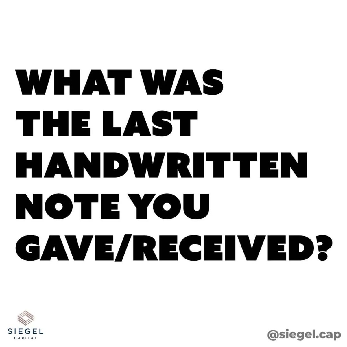SiegelCap's tweet photo. Handwritten notes are a fantastic way to stand out and exhibit care and consideration. What was the last one that stood out to you?

#investment #invest #entrepreneurship #businesstips #investinyourself https://t.co/8TEJjuTPJw