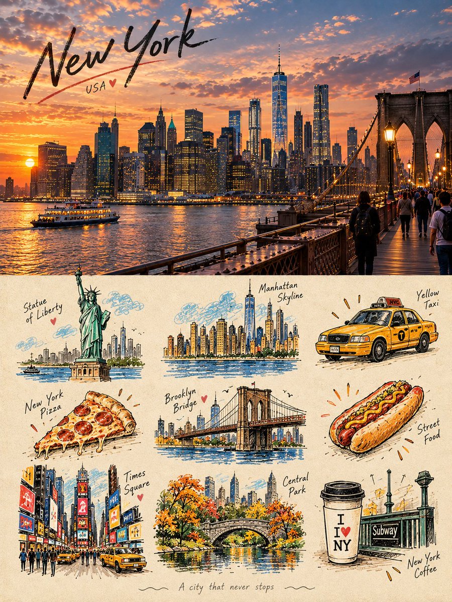 Goodmanprotocol's tweet photo. GPT Image 2.5

Prompt:
Create a premium 3:4 vertical editorial memory poster for [COUNTRY / CITY / LOCATION / SUBJECT].

TEXT-TO-IMAGE ONLY — generate the entire artwork creatively from [COUNTRY / CITY / LOCATION / SUBJECT] alone. No reference image required.

CORE CONCEPT
Create a sophisticated visual diary that combines one realistic destination scene with a playful 3×3 collection of illustrated memory fragments. The artwork should feel like a private travel handbook, independent art publication, or collectible visual diary.

UPPER HALF
Fill the entire upper 50% with a cinematic, highly realistic scene representing [COUNTRY / CITY / LOCATION / SUBJECT]. Automatically select the most recognizable subject, environment, architecture, landscape, people, objects, lighting, and atmosphere associated with the location.

Keep the scene natural and authentic, with refined editorial color grading, realistic textures, natural light, subtle film character, and strong photographic composition.

LOWER HALF
Use the lower 50% as a warm paper-based illustrated memory board. Extract the most recognizable visual ideas associated with the upper scene and reinterpret them as 9 simplified graphic memory units.

Include a mixture of:
• the main subject or silhouette
• local landmarks or architectural details
• transportation
• food or objects
• plants or nature
• gestures or human actions
• cultural details
• small environmental elements
• emotional or symbolic details

3×3 MEMORY GRID
Arrange the nine elements using a loose hidden 3×3 grid. The grid should guide the composition without appearing as a rigid table.

Allow each illustration to vary slightly in size, position, angle, and spacing. Keep the arrangement organic, playful, balanced, and intentionally imperfect.

ILLUSTRATION STYLE
Use Naïve Hand-drawn Doodle Illustration with simple slightly awkward forms, trembling outlines, uneven line weight, partially open contours, rough edges, and visible handmade imperfections.

Combine thin black ink lines with colored pencil and crayon textures, small flat color blocks, scattered pigment particles, visible paper grain, white gaps, and unfinished coloring.

Do not realistically redraw the upper scene. Compress its visual information into simple memorable symbols.

TYPOGRAPHY
Add one small handwritten title inspired by [COUNTRY / CITY / LOCATION / SUBJECT] near the top of the composition. Add a tiny handwritten caption near the bottom.

Small decorative elements such as loose wave lines, stars, dots, arrows, or tiny symbols may appear sparingly around the illustrations.

PAPER & COMPOSITION
Use a warm off-white paper background with subtle physical grain and generous negative space. If any grid indication is visible, make it extremely faint and pencil-like, as though lightly sketched during the design process.

FINAL AESTHETIC
Realistic travel photography × naïve doodle illustration × 3×3 memory collection × colored-pencil texture × private travel journal × contemporary independent editorial design.

Keep the result loose, cute, restrained, tactile, and highly curated rather than crowded.

Avoid rigid grids, realistic lower-half illustrations, photo duplication, excessive detail, polished vector graphics, glossy digital art, heavy shadows, gradients, clutter, excessive typography, logos, watermarks, or UI elements.

FORMAT: 3:4 vertical, exact 50/50 upper photographic scene and lower illustrated memory collection.