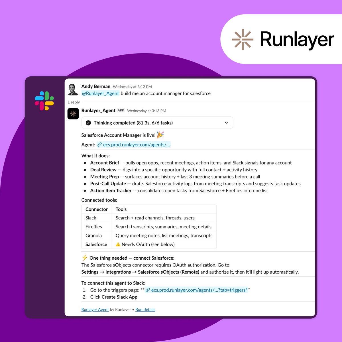 SlackHQ's tweet photo. Your teammates have arrived.🤖

@runlayer is now on Slack. Build agents with their own identity, full company context, and governed access to your tools. One click and they’re ready to @mention, DM, and work like anyone else on the team.

Explore: https://t.co/RA9k29gzUW https://t.co/kaLoqjEIaX