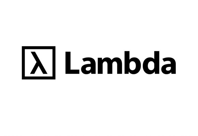 The image shows the Lambda logo, featuring a stylized "λ" (lambda symbol) inside a square frame next to the company name "Lambda" in bold black text. The logo visually represents the GPU cloud provider being discussed in the accompanying text, which highlights Lambda's improved reliability features, including passive health checks and autoremediation of simulated errors.