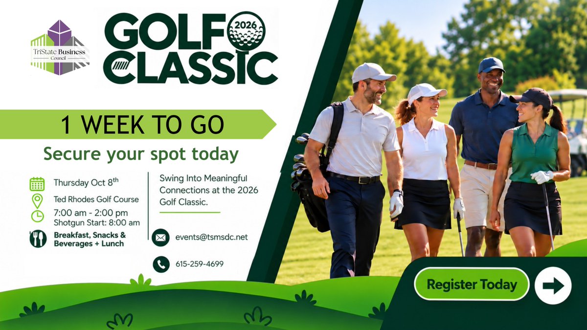 TriStateMSDC's tweet photo. One week to go! The TSBC Golf Classic tees off Oct. 8 at Ted Rhodes Golf Course in Nashville. Golf, networking and business connections—all in one day. Individual golfers &amp; foursomes welcome. Register: https://t.co/MHC0s02qOT

#TSBCGolfClassic #BusinessNetworking https://t.co/NqqMCv7H0f