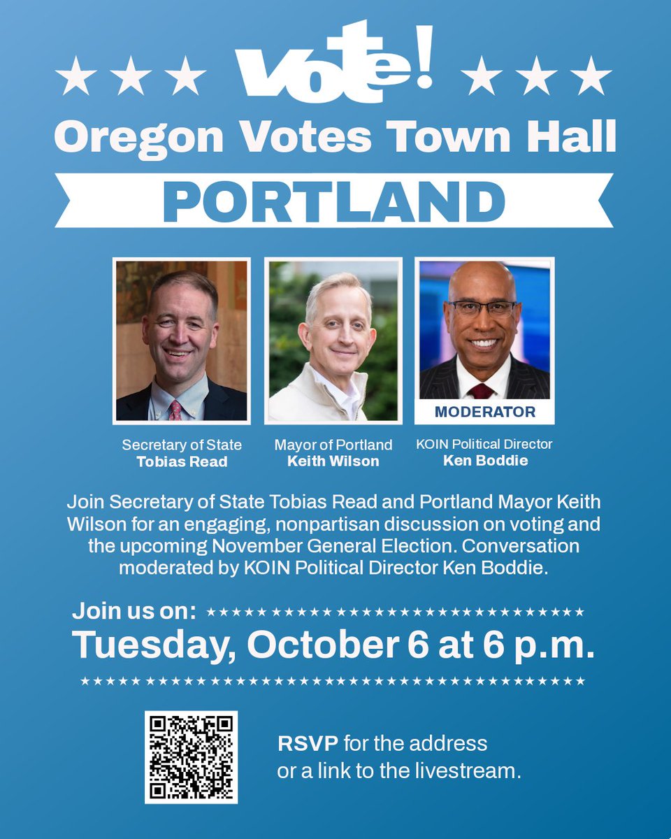 ORSecretaryRead's tweet photo. Portland, bring your voting questions to our Oregon Votes Town Hall on Oct. 6 at 6 pm! Join me &amp; Mayor Wilson for an engaging, nonpartisan discussion, moderated by Ken Boddie, about how we run elections in Oregon. RSVP: https://t.co/ojSKKASpR2

#OregonVotes #OregonElections https://t.co/MqhkqiLYcc