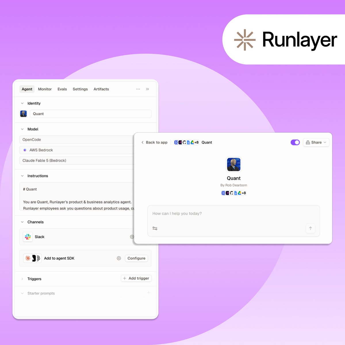 SlackHQ's tweet photo. Your teammates have arrived.🤖

@runlayer is now on Slack. Build agents with their own identity, full company context, and governed access to your tools. One click and they’re ready to @mention, DM, and work like anyone else on the team.

Explore: https://t.co/RA9k29gzUW https://t.co/kaLoqjEIaX
