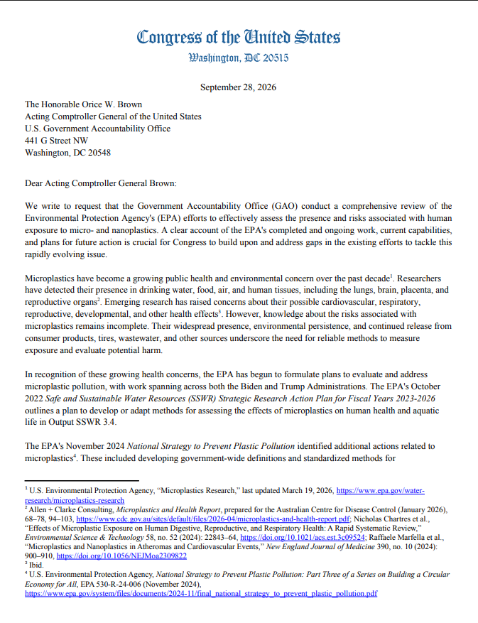CongressmanRaja's tweet photo. The EPA left microplastics out of its national drinking-water monitoring program.
That’s why I led 23 colleagues in calling for a full GAO review of EPA’s work on microplastics, what remains unfinished, and what’s holding further progress back.
Americans deserve answers about what’s in their water.