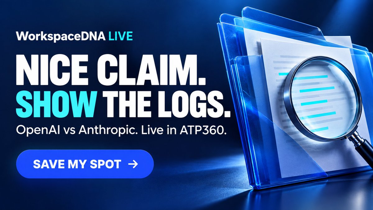 WorkspaceDNA's tweet photo. Misty: Team Anthropic.
Bruce: Team OpenAI.
IT: Team "show me the logs."

Same workflow. Live in ATP360. We'll compare speed, cost and whether the job actually gets done.

Pick a side. Bring questions.
https://t.co/7CU8Ue7mtn https://t.co/pxBdAeFBik