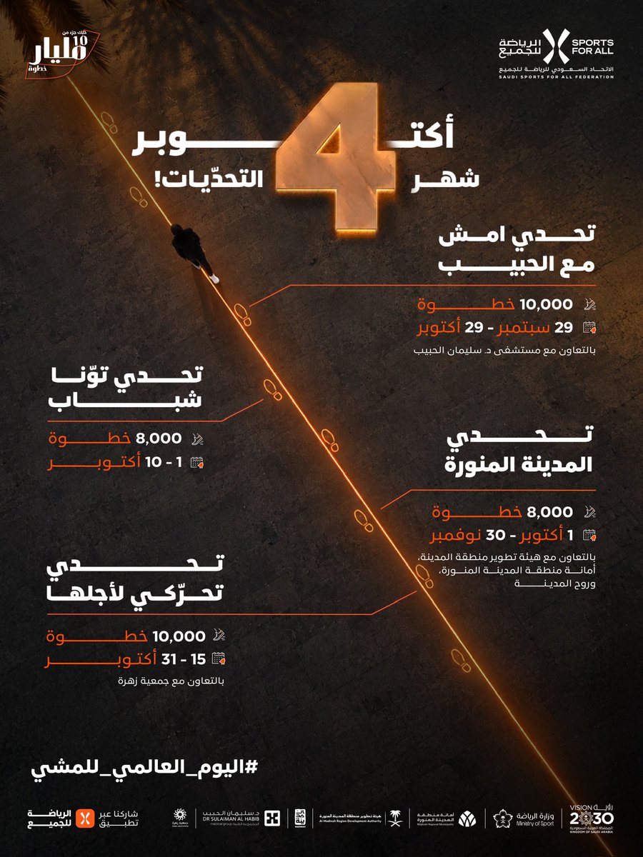 Saudi_SFA's tweet photo. بمناسبة #اليوم_العالمي_للمشي تحدياتنا مستمرة طوال شهر أكـتوبـر! 🏃‍♀️🏃‍♂️
4️⃣ تحديات بانتظارك.. اختر تحدّيك وابدأ خطواتك عبر تطبيق الرياضة للجميع 📲 https://t.co/nNizIpPsFv